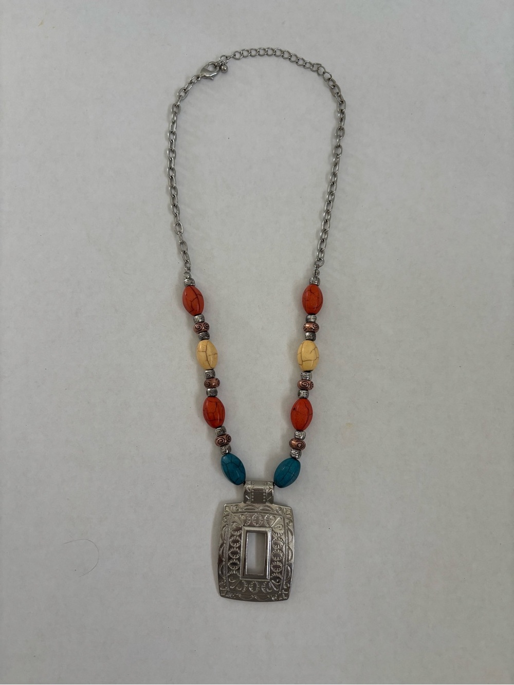 Bohemian Multi-Bead Pendant Necklace - Silver, Turquoise, Coral, Cream
